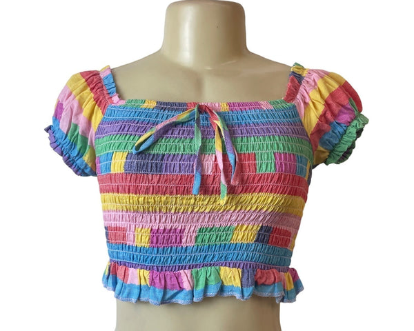 BCBGeneration Women's Multicolor Playful Stripe Smocked Crop Top Sz XS