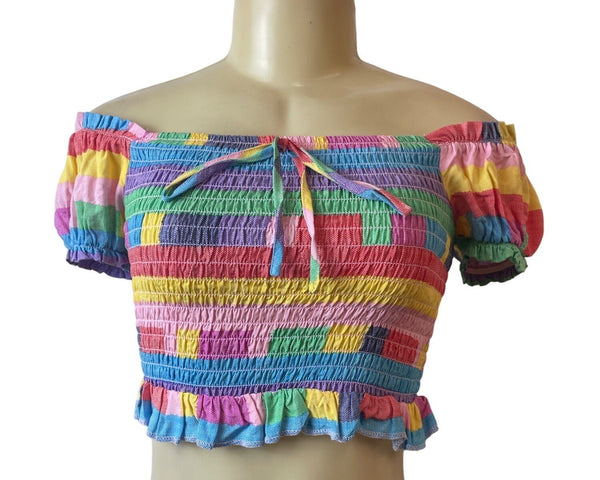 BCBGeneration Women's Multicolor Playful Stripe Smocked Crop Top Sz XS