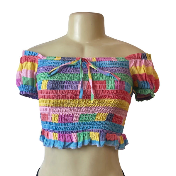 BCBGeneration Women's Multicolor Playful Stripe Smocked Crop Top Sz XS