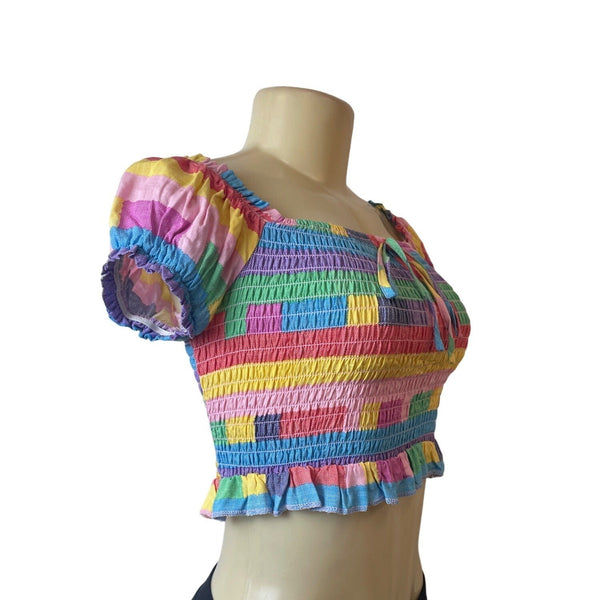 BCBGeneration Women's Multicolor Playful Stripe Smocked Crop Top Sz XS
