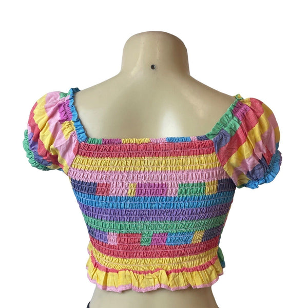 BCBGeneration Women's Multicolor Playful Stripe Smocked Crop Top Sz XS