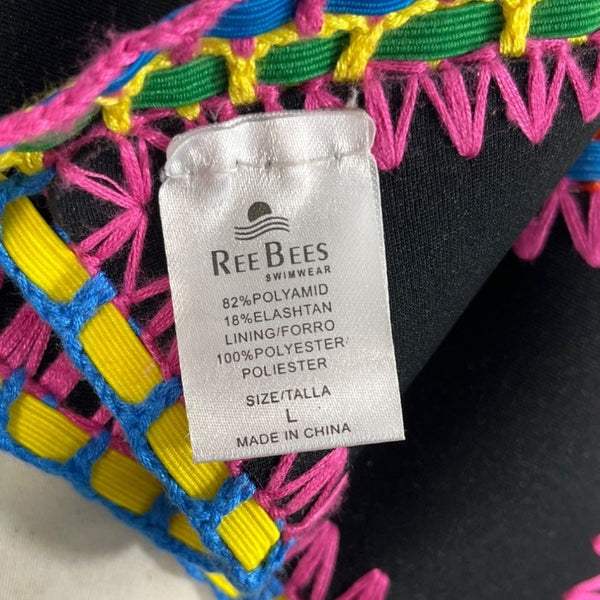 ReeBees Womens Large Black Bikini Bottom With Multicolor Crochet Trim Sz L- NWOT