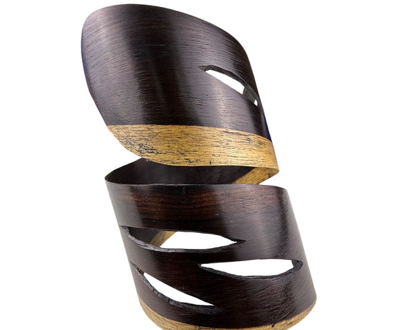 Handcrafted Vintage Dark Wood & Gold Tone Open Cuff Bracelet Adjustable Boho Design