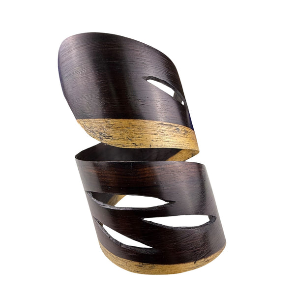 Handcrafted Vintage Dark Wood & Gold Tone Open Cuff Bracelet Adjustable Boho Design