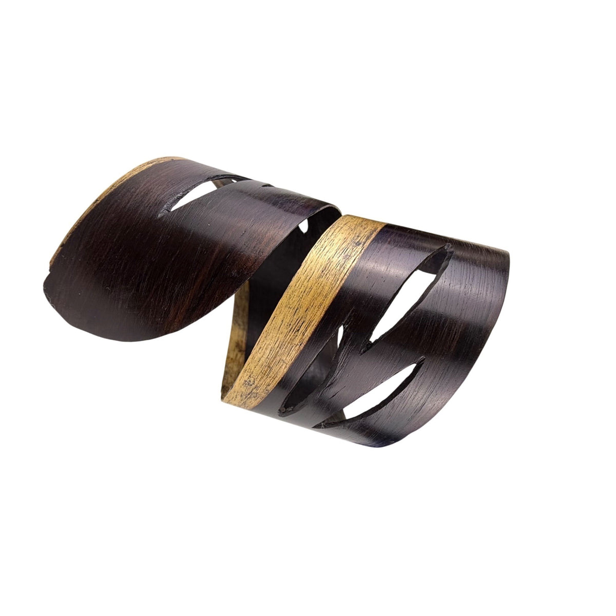 Handcrafted Vintage Dark Wood & Gold Tone Open Cuff Bracelet Adjustable Boho Design