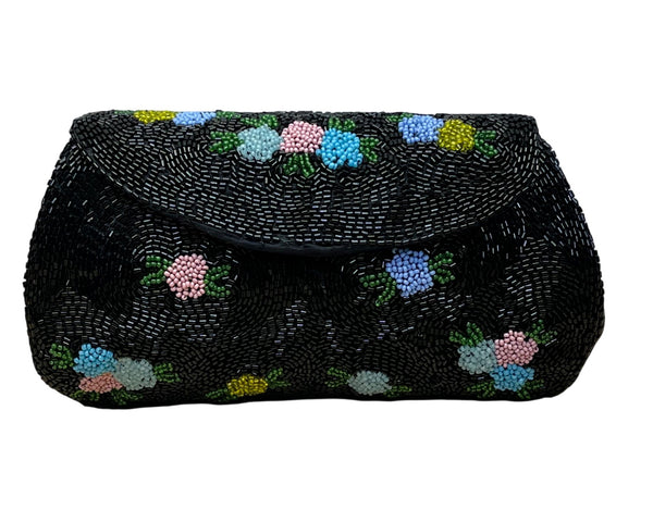 Vintage Hand-Beaded Floral Clutch Purse Handmade In Belgium Size S