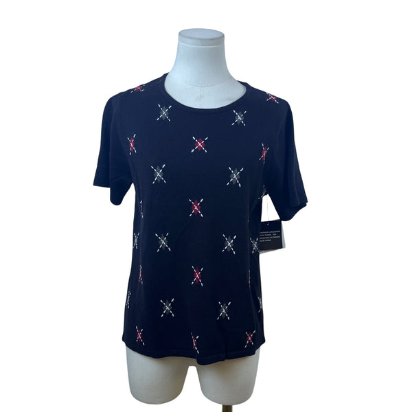 Sag Harbor Women's Black Acrylic Embroidered Short Sleeve Top Size PS Petite - New