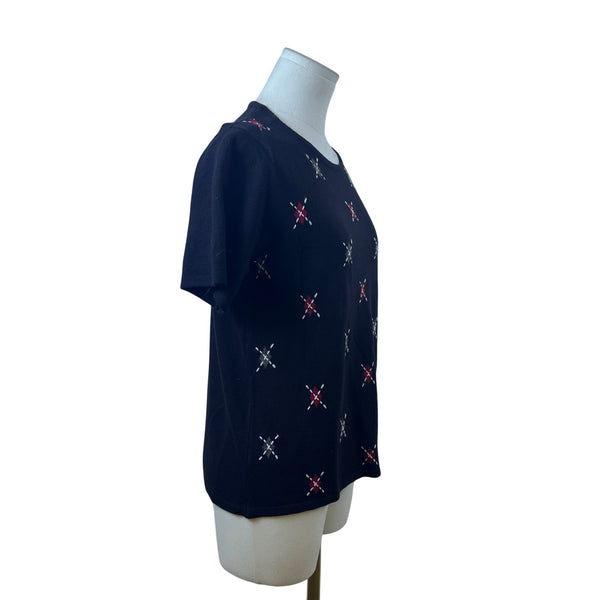 Sag Harbor Women's Black Acrylic Embroidered Short Sleeve Top Size PS Petite - New