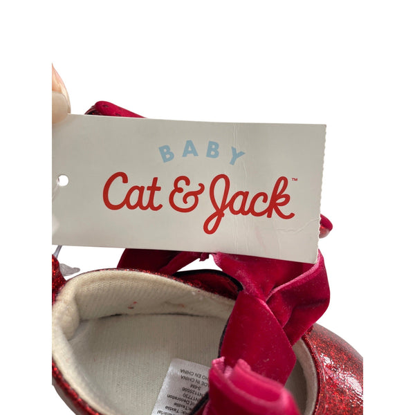 Cat & Jack Baby Girls Red Sparkle Bow Dress Shoes 3-6M