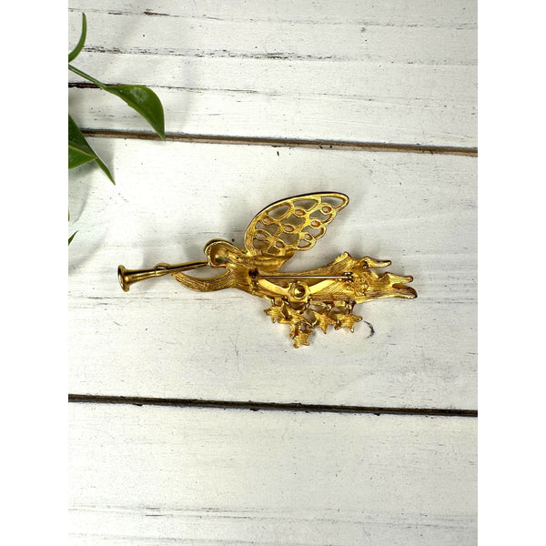 Signed Gold Crown Inc Gold Tone Angel Christmas Brooch Pin