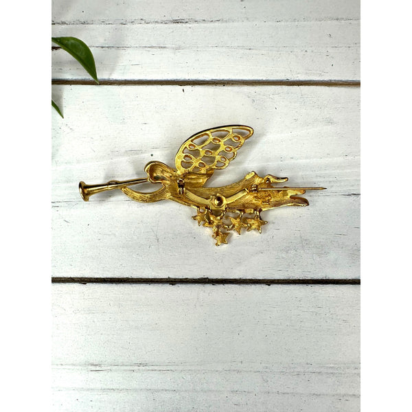 Signed Gold Crown Inc Gold Tone Angel Christmas Brooch Pin