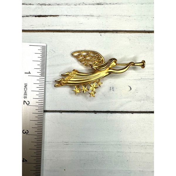 Signed Gold Crown Inc Gold Tone Angel Christmas Brooch Pin