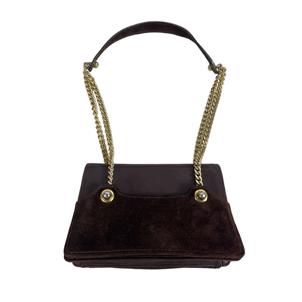 Chocolate Brown Leather & Suede Chain Strap Shoulder Bag With Gold Hardware Sz S