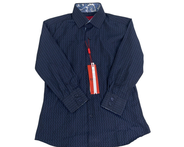Elie Modern Fit Kids Long Sleeve Shirt Navy & Gray Print Sz 7 - New
