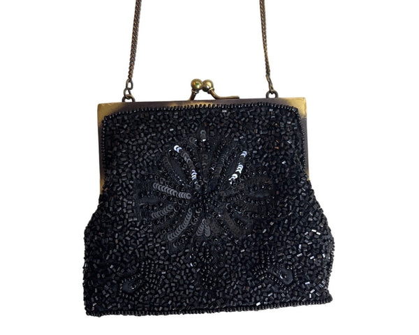 Vintage Women's Black Beaded Chain Strap Crossbody Evening Miniclutch Sz S