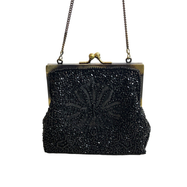 Vintage Women's Black Beaded Chain Strap Crossbody Evening Miniclutch Sz S