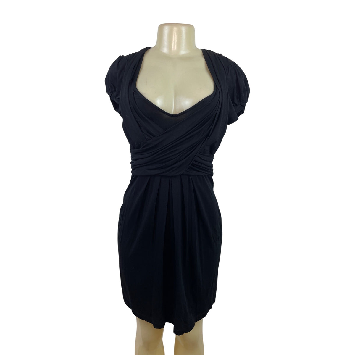 BCBGMAXAZRIA Women’s Black Short Sleeve Draped V-Neck Mini Dress Sz S