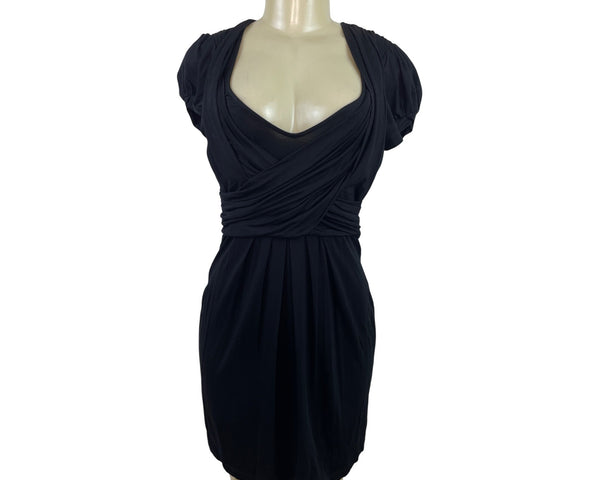 BCBGMAXAZRIA Women’s Black Short Sleeve Draped V-Neck Mini Dress Sz S