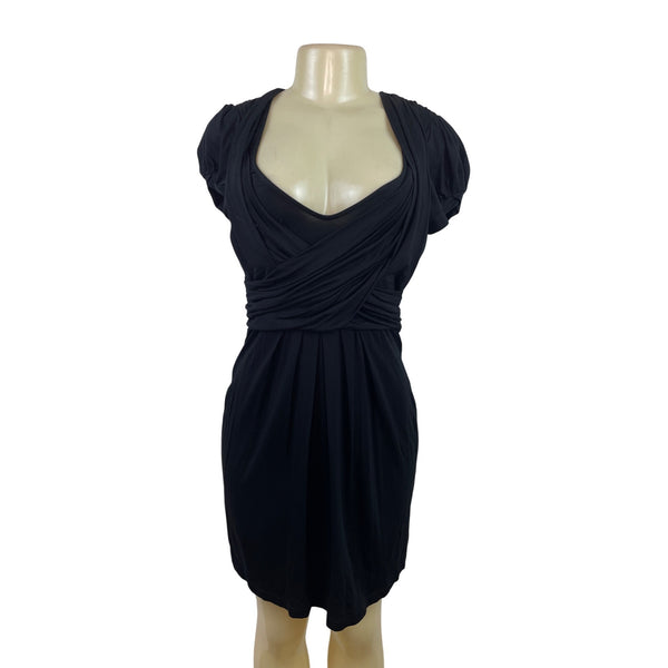 BCBGMAXAZRIA Women’s Black Short Sleeve Draped V-Neck Mini Dress Sz S