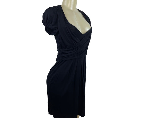 BCBGMAXAZRIA Women’s Black Short Sleeve Draped V-Neck Mini Dress Sz S
