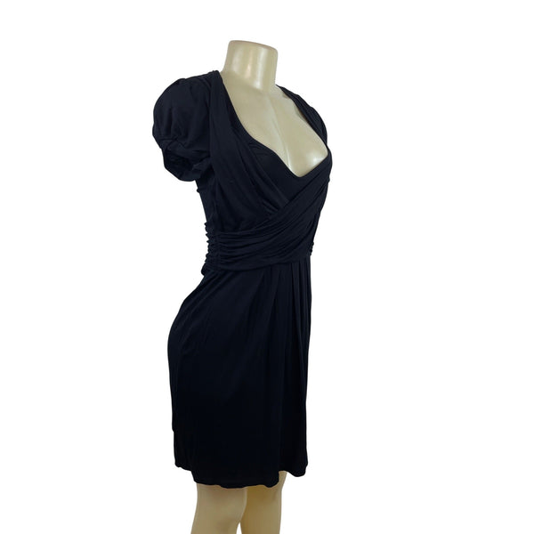 BCBGMAXAZRIA Women’s Black Short Sleeve Draped V-Neck Mini Dress Sz S