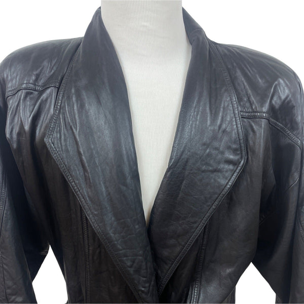 Express Vintage Mens Black Leather Belted Trench Coat Size M