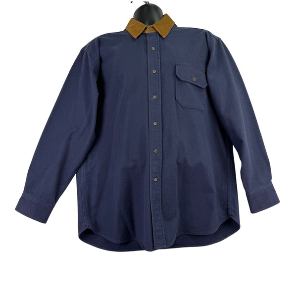 Lands End Navy Cotton Button-Up Shirt W/ Brown Corduroy Collar Workwear