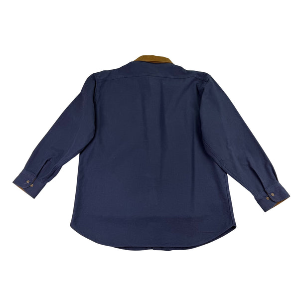 Lands End Navy Cotton Button-Up Shirt W/ Brown Corduroy Collar Workwear