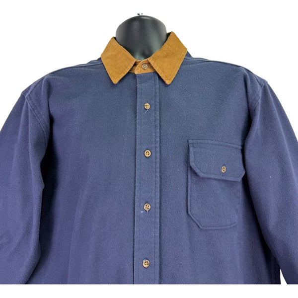 Lands End Navy Cotton Button-Up Shirt W/ Brown Corduroy Collar Workwear