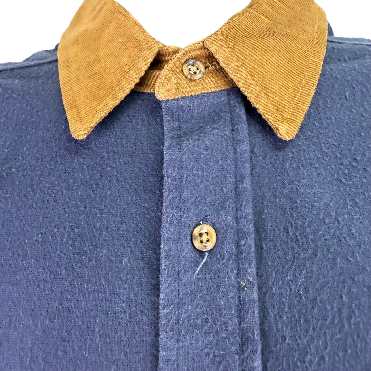 Lands End Navy Cotton Button-Up Shirt W/ Brown Corduroy Collar Workwear