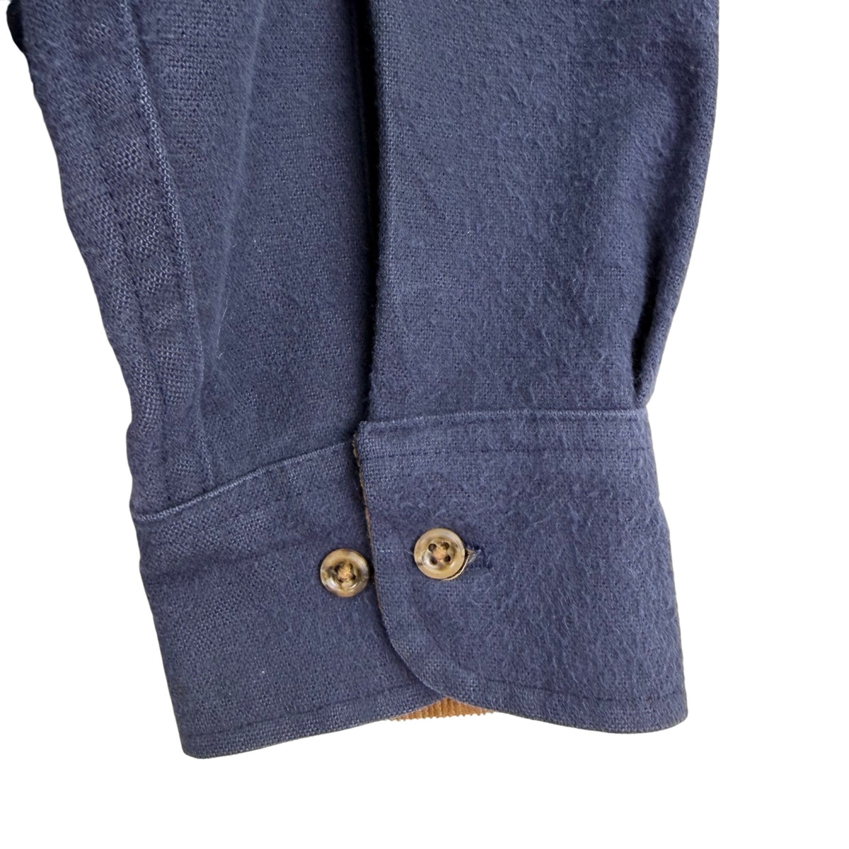 Lands End Navy Cotton Button-Up Shirt W/ Brown Corduroy Collar Workwear