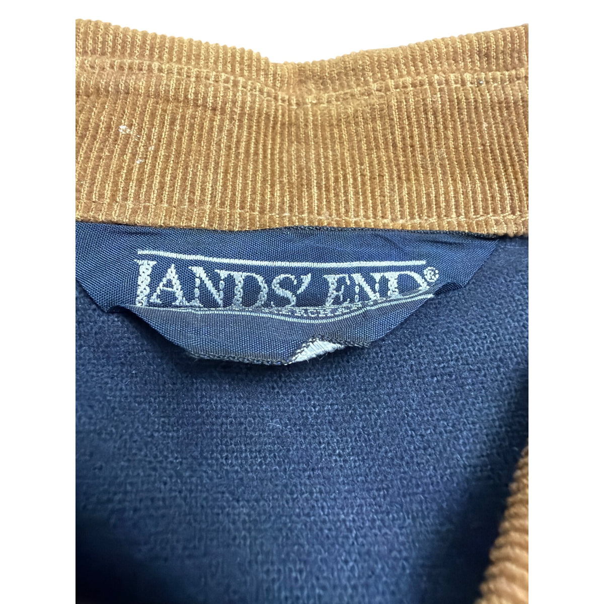 Lands End Navy Cotton Button-Up Shirt W/ Brown Corduroy Collar Workwear
