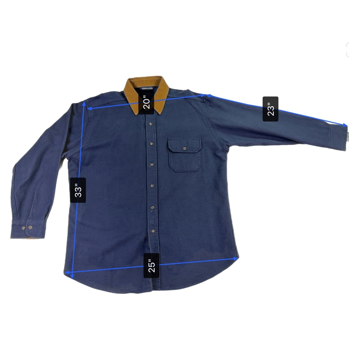 Lands End Navy Cotton Button-Up Shirt W/ Brown Corduroy Collar Workwear