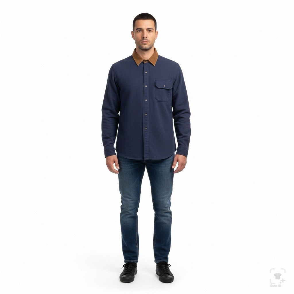 Lands End Navy Cotton Button-Up Shirt W/ Brown Corduroy Collar Workwear