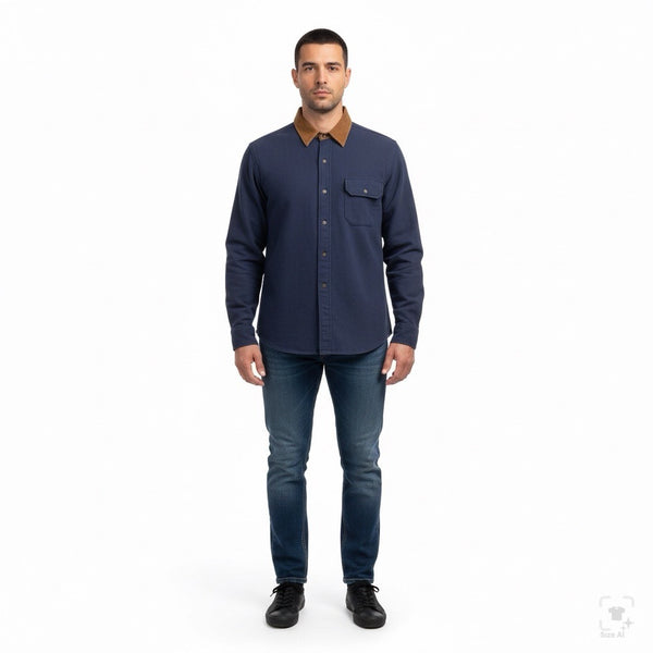 Lands End Navy Cotton Button-Up Shirt W/ Brown Corduroy Collar Workwear