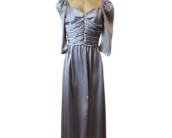 VTG 70's/80's Dessy Creations Silver Satin Ruched Sweetheart Gown Dres Sz 12