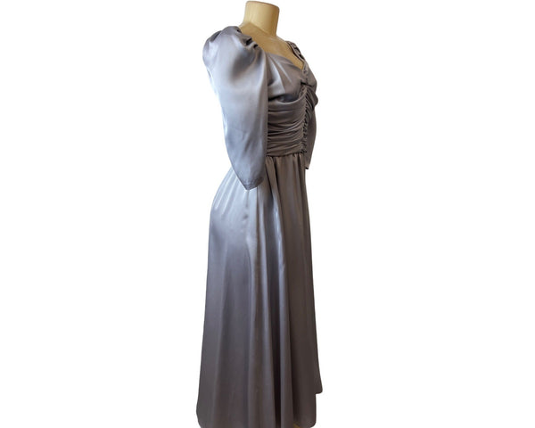 VTG 70's/80's Dessy Creations Silver Satin Ruched Sweetheart Gown Dres Sz 12