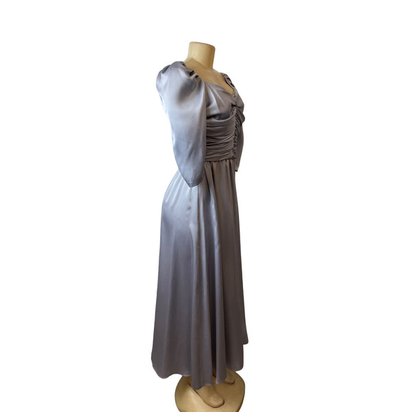 VTG 70's/80's Dessy Creations Silver Satin Ruched Sweetheart Gown Dres Sz 12