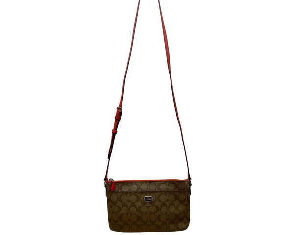 Coach Women's Brown Signature Logo Orange Accents Zip Closure Crossbody Bag Sz S