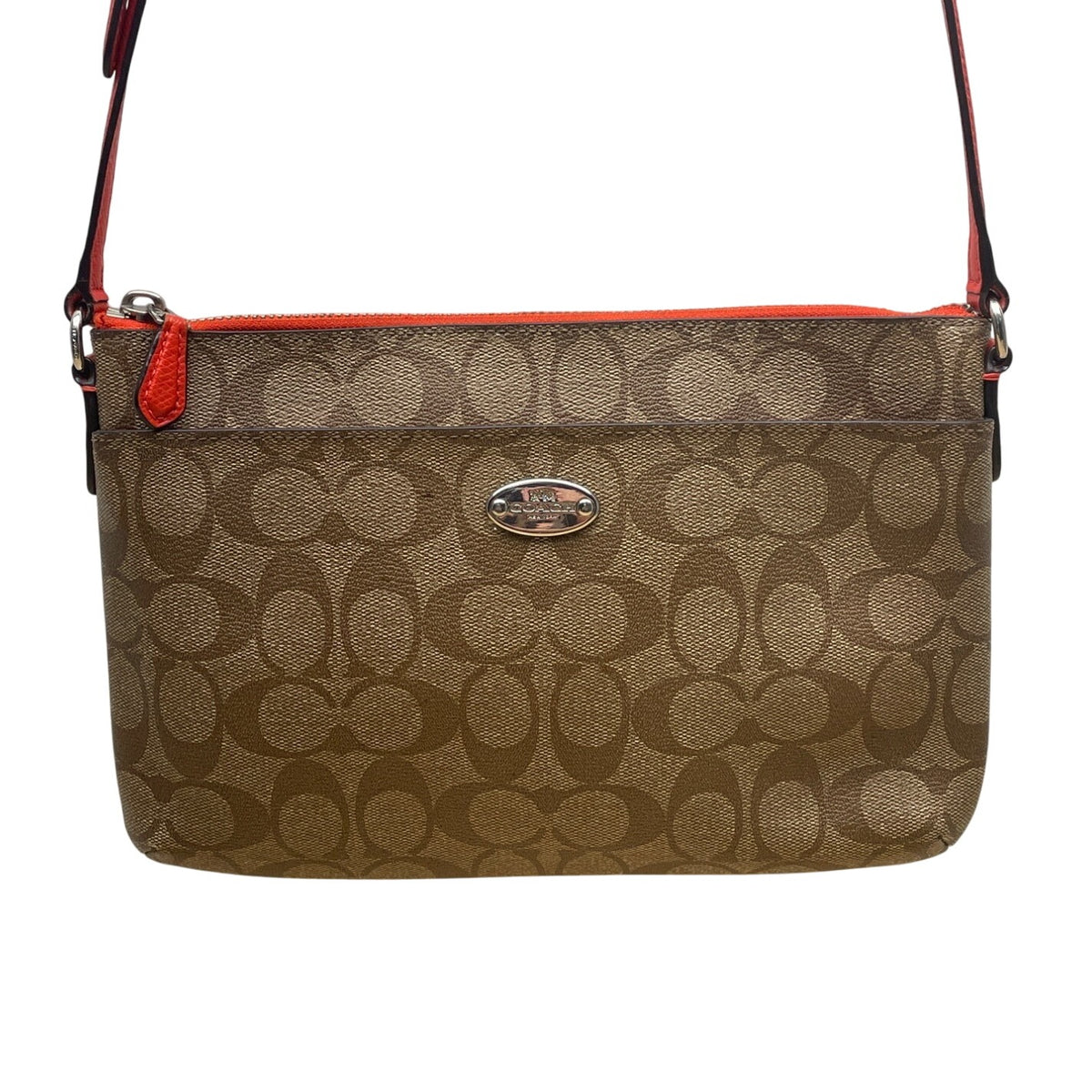 Coach Women's Brown Signature Logo Orange Accents Zip Closure Crossbody Bag Sz S