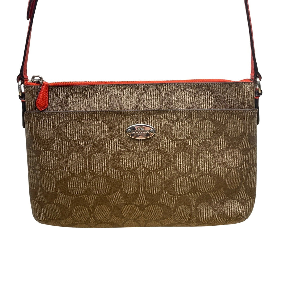 Coach Women's Brown Signature Logo Orange Accents Zip Closure Crossbody Bag Sz S