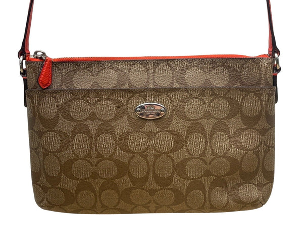 Coach Women's Brown Signature Logo Orange Accents Zip Closure Crossbody Bag Sz S