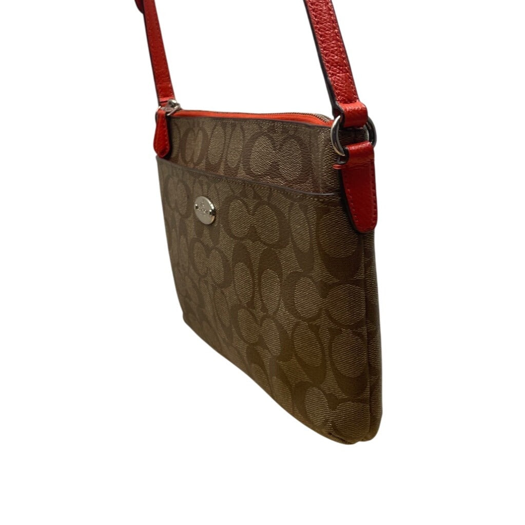 Coach Women's Brown Signature Logo Orange Accents Zip Closure Crossbody Bag Sz S