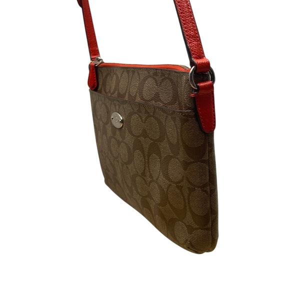 Coach Women's Brown Signature Logo Orange Accents Zip Closure Crossbody Bag Sz S