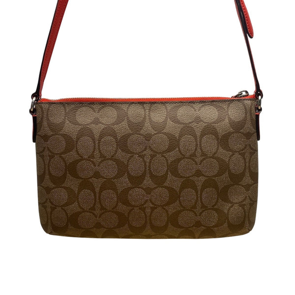 Coach Women's Brown Signature Logo Orange Accents Zip Closure Crossbody Bag Sz S