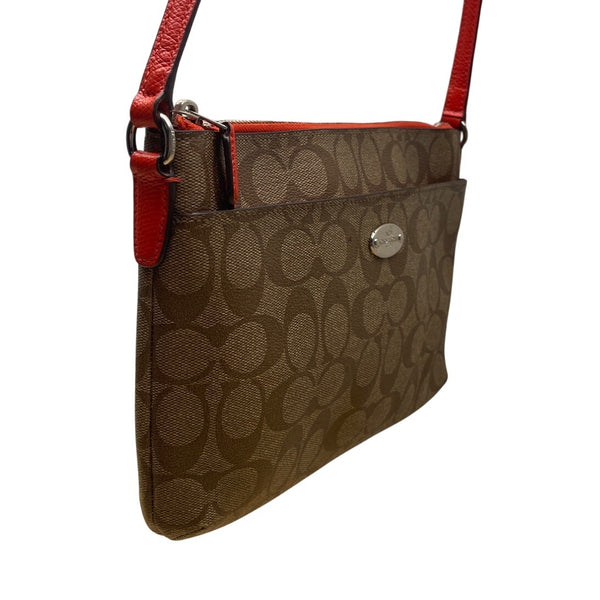 Coach Women's Brown Signature Logo Orange Accents Zip Closure Crossbody Bag Sz S