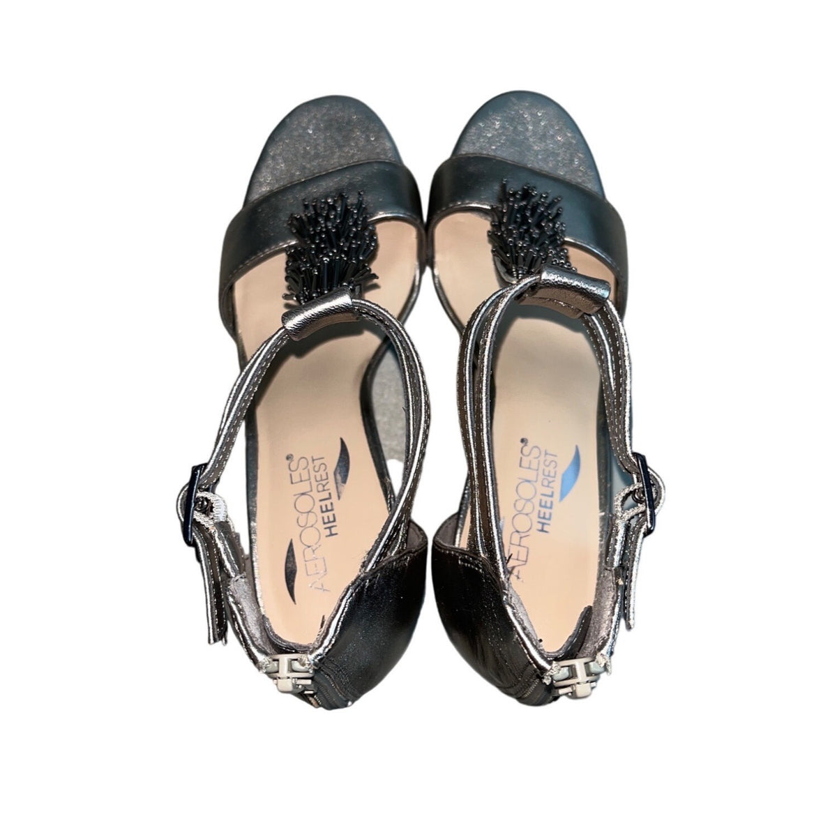 Aerosoles Women's Metallic Silver Interlux Embellished Fringe Zip Heeled Sandals Sz 6.5