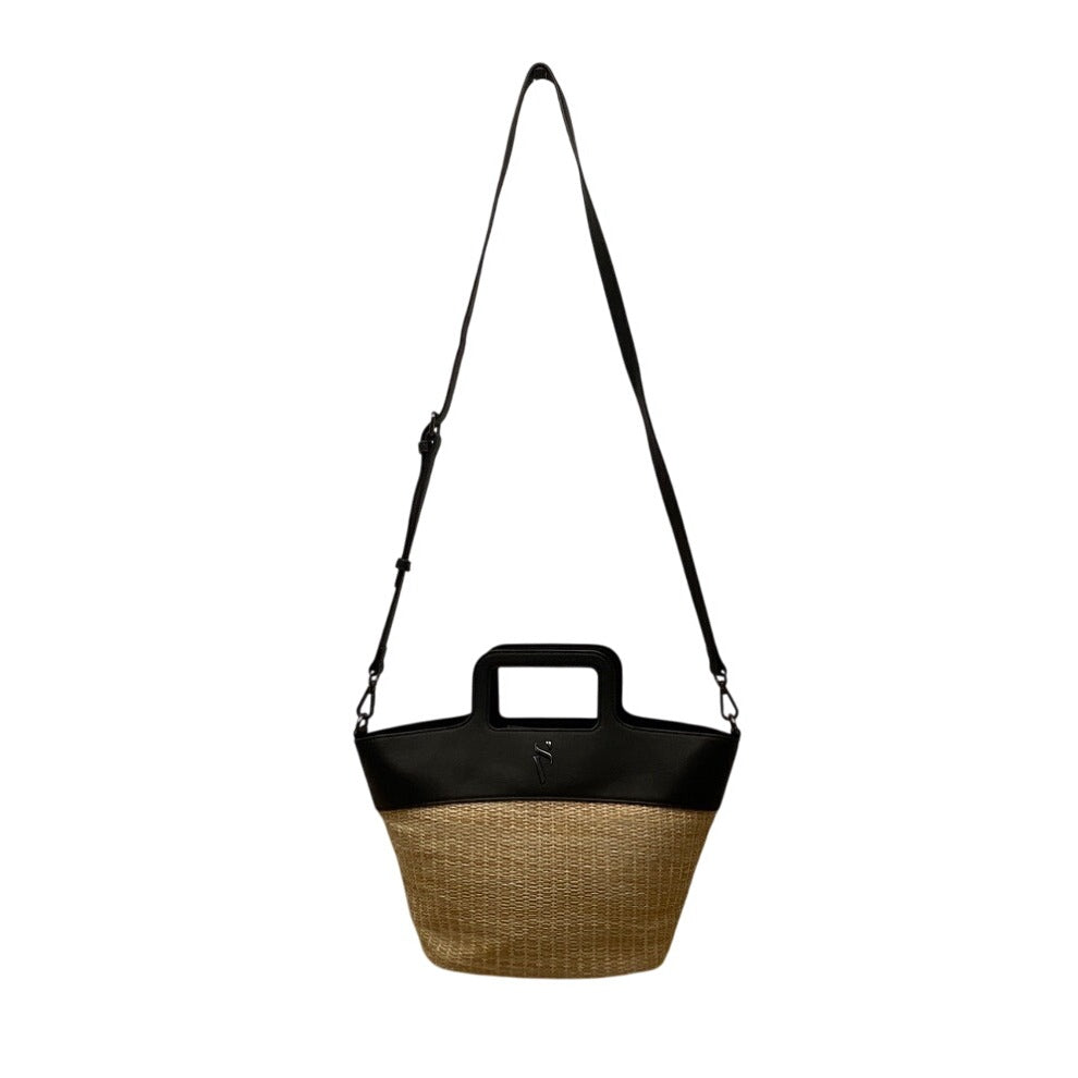 Simply Vera Vera Wang Black Leather Straw Canvas Shoulder Strap Tote Bag Sz M