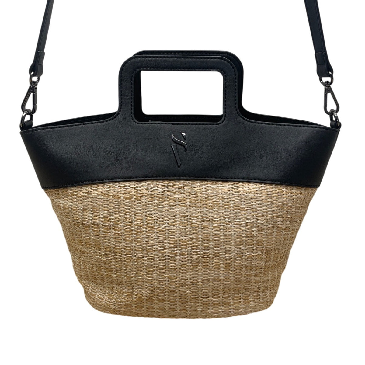 Simply Vera Vera Wang Black Leather Straw Canvas Shoulder Strap Tote Bag Sz M