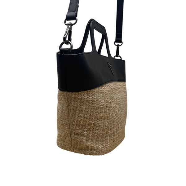 Simply Vera Vera Wang Black Leather Straw Canvas Shoulder Strap Tote Bag Sz M